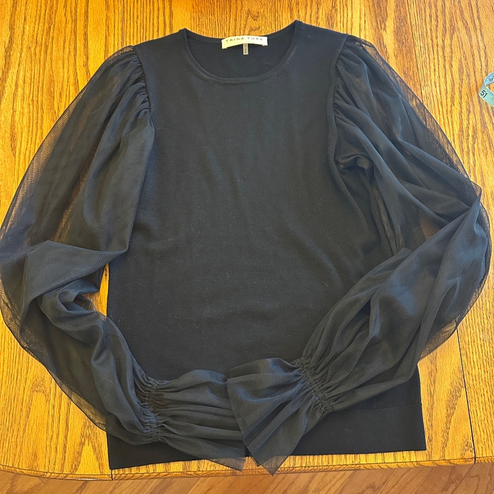 Trina Turk Black Sweater SZ M Long Sleeve Sheer Goth Halloween FLAW 100%Wool